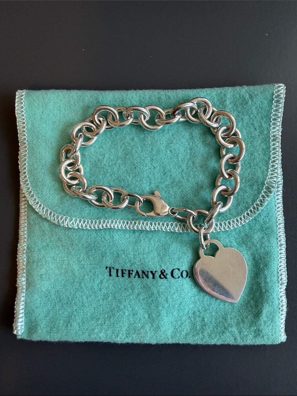 Tiffany & Co. Silver Heart Tag Charm Bracelet with Tiffany Blue Pouch